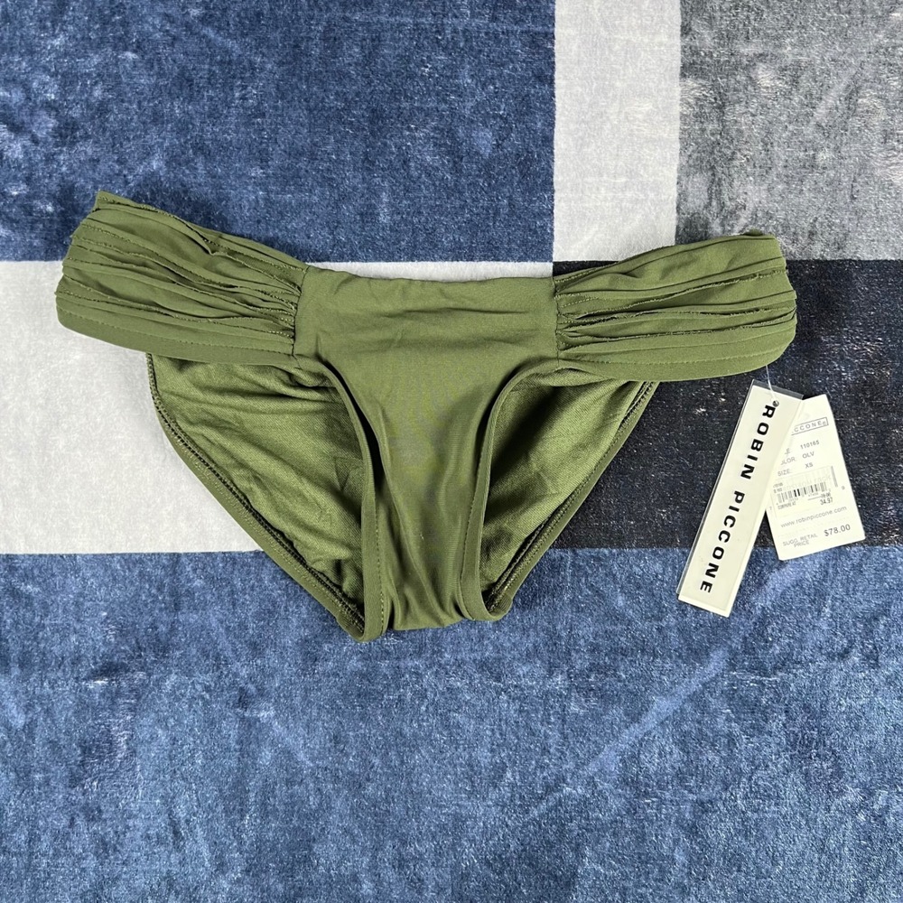 Robin Piccone Olive Green Ruched Bikini Bottoms 110165 Womens XS NWT